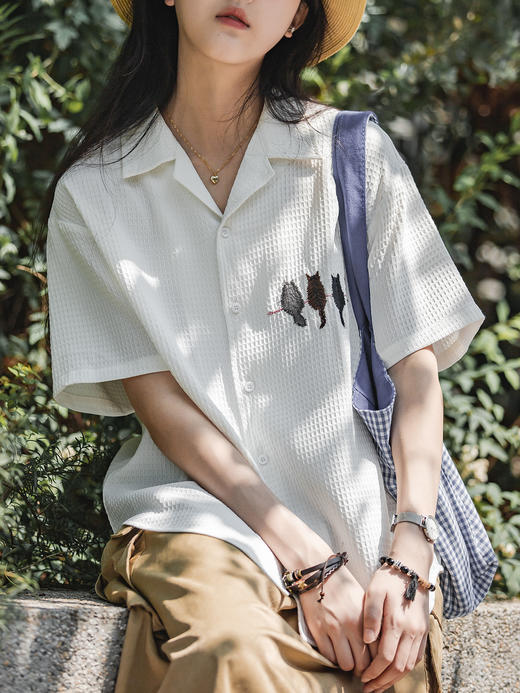 马登华夫格衬衫薄正肩上衣刺绣宽松日系通勤衬衣短袖女t恤夏款女 商品图0