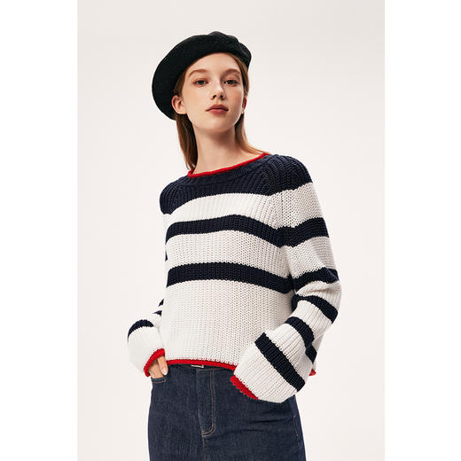 【严选】诗凡黎秋撞色条纹复古学院风宽松截短圆领廓形套头衫7E8232191 商品图0