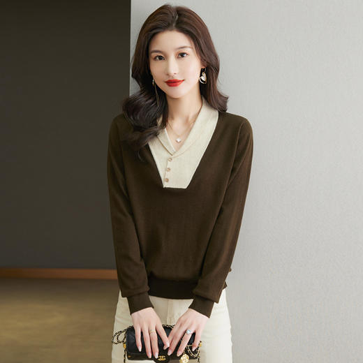 V领拼色针织衫女，长袖上衣秋装新款早秋毛衣洋气春秋打底衫CC-121-8536 商品图0