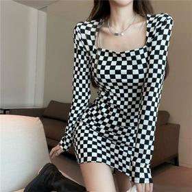 【黑白交错，经典永恒！小个子连衣裙女秋季】黑白格子修身纯欲风辣妹挂脖包臀裙棋盘格裙子