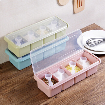 全适四格调味盒调味罐厨房鸡精味精胡椒盐罐调味料罐调料盒带勺调料瓶 /厨具 /厨房储物 /调料器皿