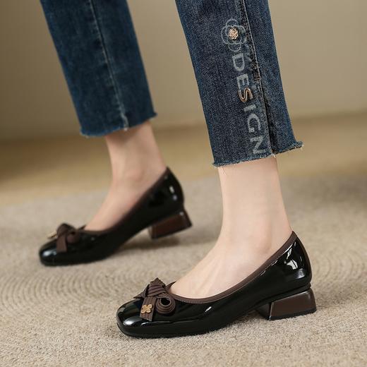 ZHR蝴蝶结撞色拼接单鞋法式复古小皮鞋高跟鞋子女2023新款秋 商品图3