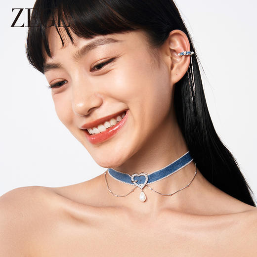 ZEGL设计师丹宁系列牛仔爱心叠戴项链女爱心锁骨链choker颈链项圈 商品图4
