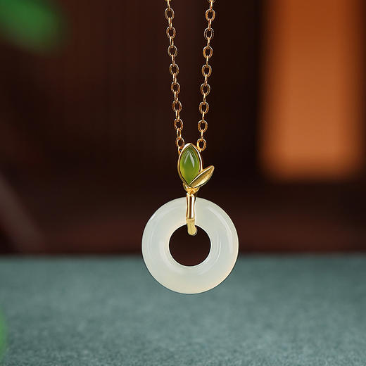 【寸思】S925银镀金和田玉碧玉平安扣叶子吊坠【CW-DZ05805】 商品图1