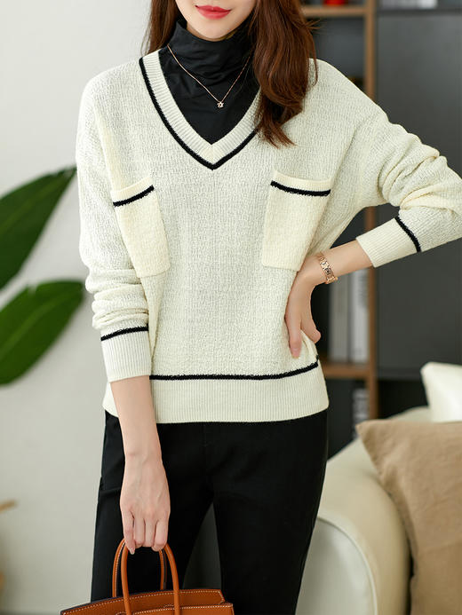 UG【现货7天】薄时尚针织衫毛衣女2022春季新款v领短款打底气质女士上衣 商品图0