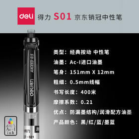 得力（deli）S01中性笔签字笔 0.5mm经典办公按动笔水笔 黑色 12支/盒