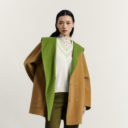 谜底翻领宽松大衣外套女2023秋季新款学院风撞色羊毛呢233MD0954 商品图0