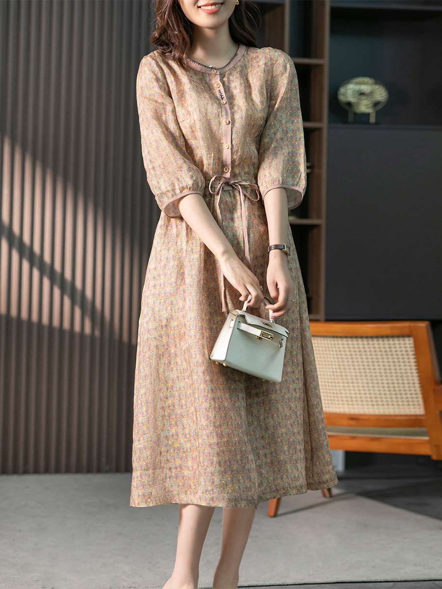 YX【现货7天】碎花苎麻连衣裙女收腰显瘦2023夏季新款韩版宽松中长款裙子薄