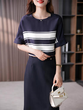 YX【定制12天】条纹短袖真丝T恤女2023夏季新款韩版休闲显瘦桑蚕丝百搭上衣