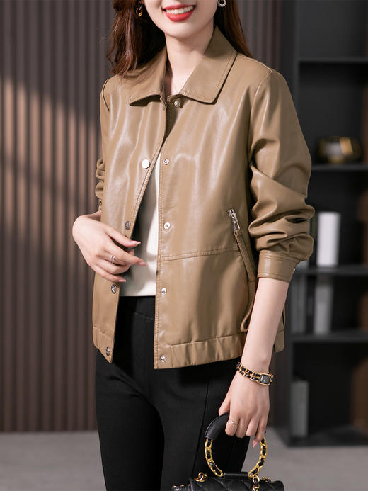 YX【现货7天】高级感百搭皮衣外套女2023秋季新款韩版休闲小个子夹克上衣 商品图2