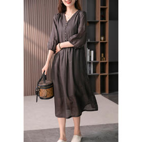 YX【现货7天】时尚减龄苎麻V领连衣裙女2023夏季新款灯笼袖宽松显瘦长裙子