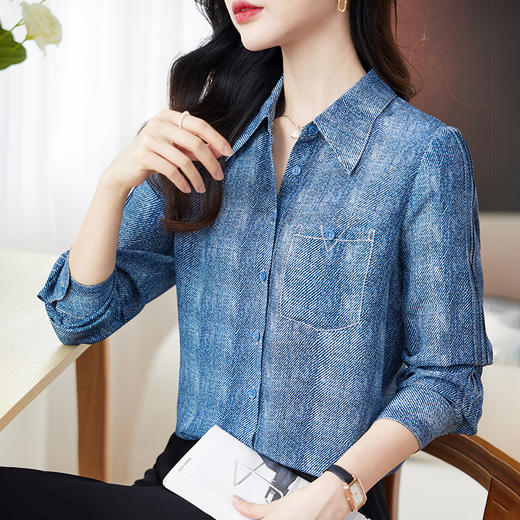 TC 90015牛仔印花真丝衬衫复古风显瘦基础通勤桑蚕丝衬衣 商品图2
