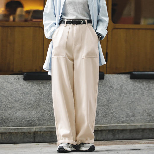 马登女装美式白色牛仔阔腿裤宽松口袋工装裤美式窄版直筒休闲长裤 商品图3