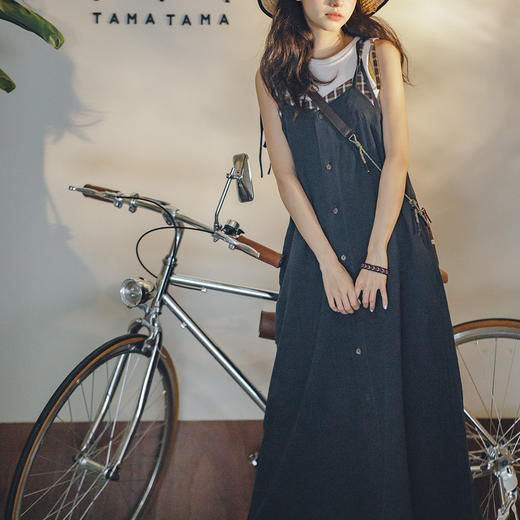 马登女装日系复古格纹背带裙显瘦A字宽松吊带连衣长裙无袖裙早秋 商品图2