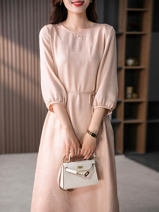 YX【定制10天】设计感提花真丝连衣裙女夏2023新款灯笼袖桑蚕丝系带中长裙子 商品图2