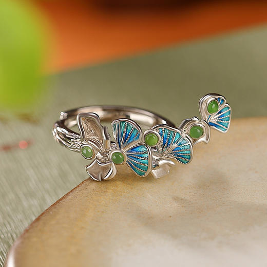 【秋舞】S925银和田玉碧玉景泰蓝银杏叶戒指【CW-JZ05963】 商品图2
