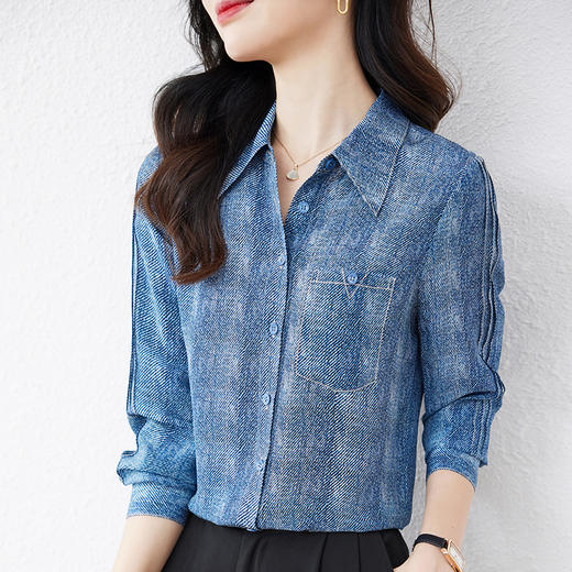 TC 90015牛仔印花真丝衬衫复古风显瘦基础通勤桑蚕丝衬衣 商品图3