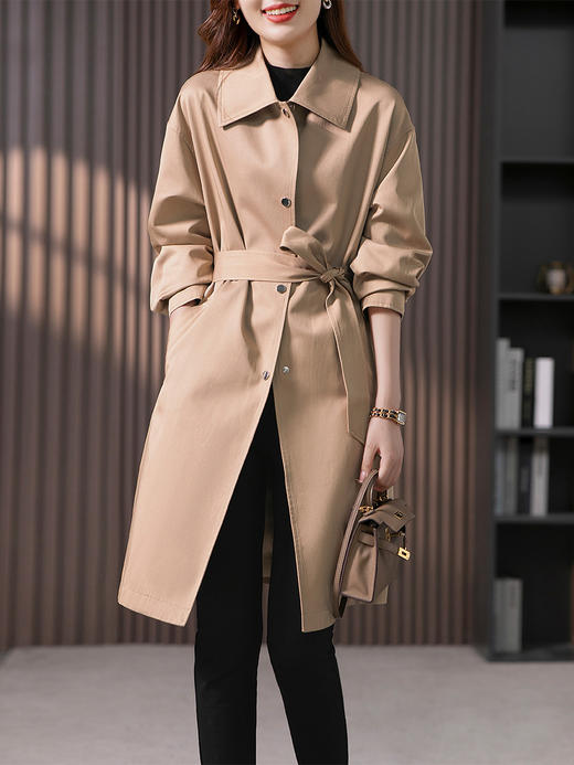 YX【定制25天】复古通勤衬衫翻领风衣女2023秋季新款韩版中长款收腰大衣外套 商品图4