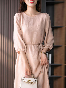 YX【定制10天】设计感提花真丝连衣裙女夏2023新款灯笼袖桑蚕丝系带中长裙子