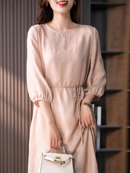 YX【定制10天】设计感提花真丝连衣裙女夏2023新款灯笼袖桑蚕丝系带中长裙子 商品图0