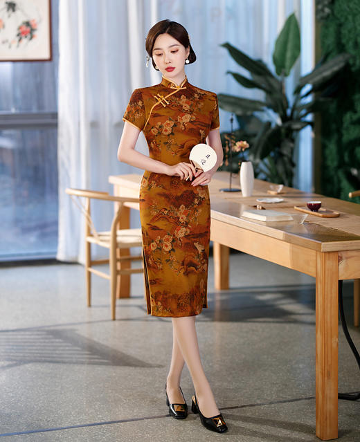 ZAYS-82276春季改良中长花罗香云纱旗袍日常气质红色喜婆婆旗袍礼服 商品图2