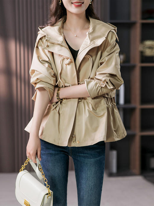 YX【定制12天】设计感连帽风衣短外套女2023秋季新款韩版显瘦时尚收腰上衣 商品图2