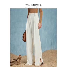 西嘉C+IMPRESS/西嘉白色休闲裤女垂感开衩阔腿裤2023秋新款高腰西装裤KZ2303053
