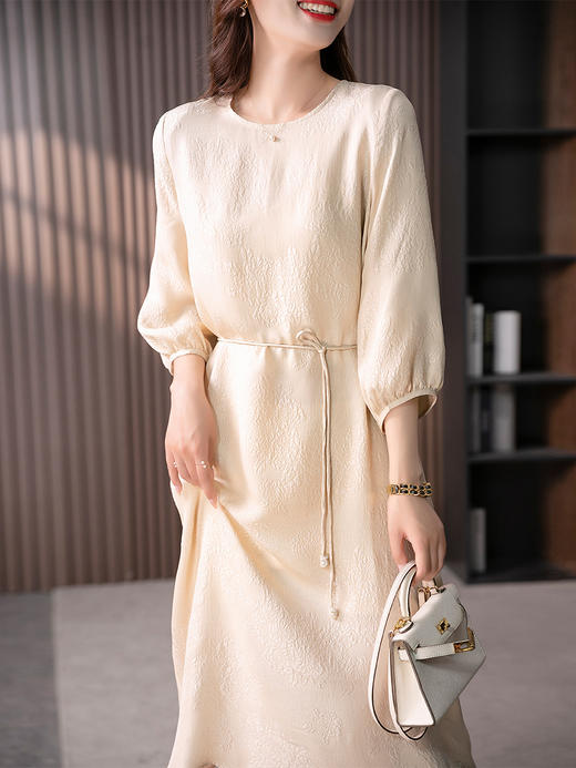 YX【定制10天】设计感提花真丝连衣裙女夏2023新款灯笼袖桑蚕丝系带中长裙子 商品图4