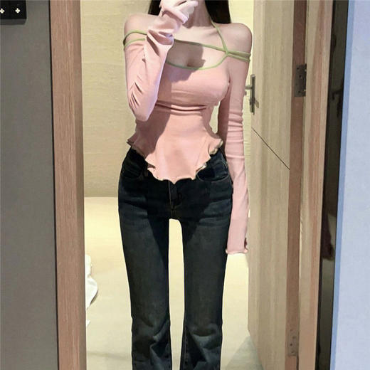 【时尚新款❗️一字肩纯欲长袖t恤】人棉性感挂脖打底衫女春秋高腰短款上衣时尚单品潮 商品图3