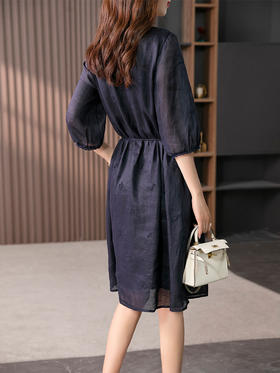 YX【定制17天】高级感刺绣绣花苎麻连衣裙女2023夏季新款灯笼袖显瘦中长裙