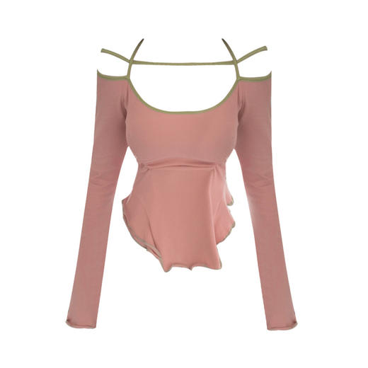 【时尚新款❗️一字肩纯欲长袖t恤】人棉性感挂脖打底衫女春秋高腰短款上衣时尚单品潮 商品图4