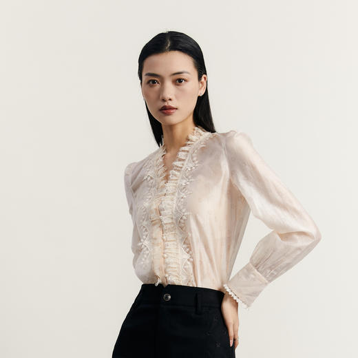 谜底通勤衬衫长袖女2023秋季新款复古浪漫V领宽松衬衣女233MC0989 商品图1