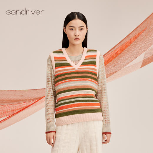 羊绒桑蚕丝V领条纹女背心SJF95W345K 商品图0