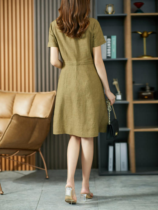 UG【现货15天】气质短袖连衣裙女中长款2023夏季款双排扣V领亚麻裙子收腰显瘦 商品图2