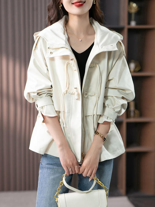 YX【定制12天】设计感连帽风衣短外套女2023秋季新款韩版显瘦时尚收腰上衣 商品图3