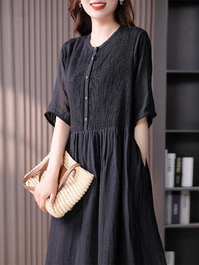 YX【现货7天】苎麻天丝连衣裙女宽松2023夏季新款韩版五分袖垂感显瘦长裙子