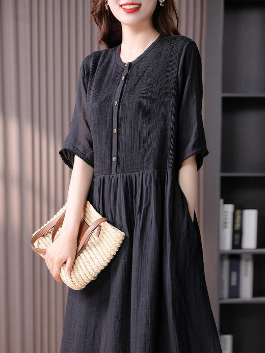 YX【现货7天】苎麻天丝连衣裙女宽松2023夏季新款韩版五分袖垂感显瘦长裙子 商品图0