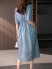 YX【现货7天】V领苎麻连衣裙女抽绳显瘦A字裙2023夏季新款气质减龄长裙子 商品缩略图4