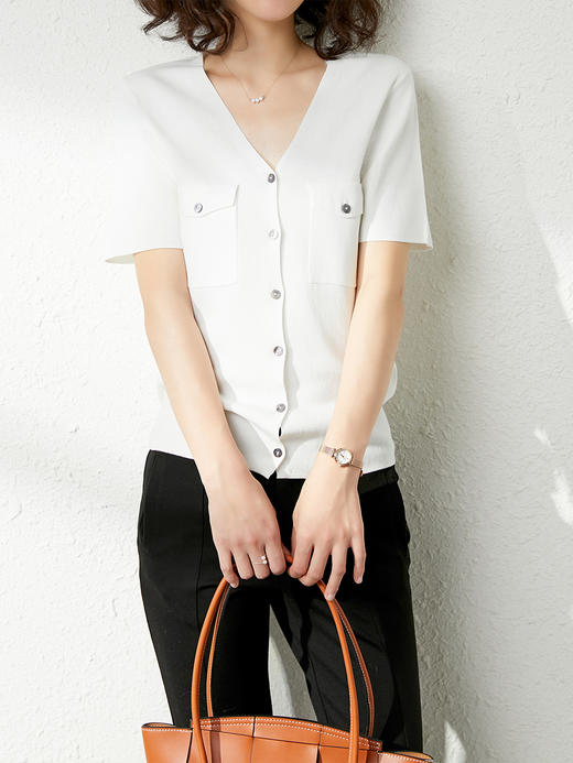 UG【现货7天】减龄气质薄款针织衫 2022夏季新款V领短袖单排扣开衫外套女 商品图2