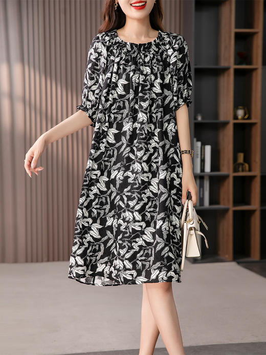 YX【现货7天】中长款印花连衣裙女真丝2023夏季新款法式桑蚕丝宽松显瘦裙子 商品图0