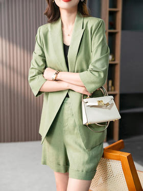 YX【定制30天】时尚气质休闲两件套装女2023夏季新款七分袖西服小西装外套