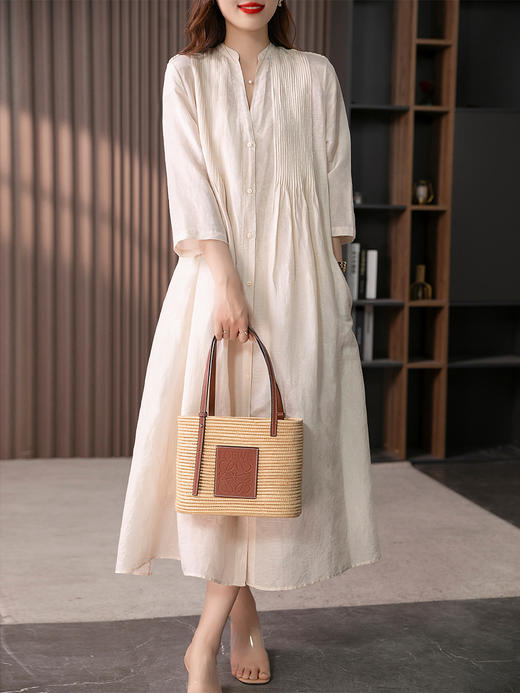 89241原形设计感V领苎麻连衣裙女2024春夏季新款风琴褶显瘦长款裙子 商品图4