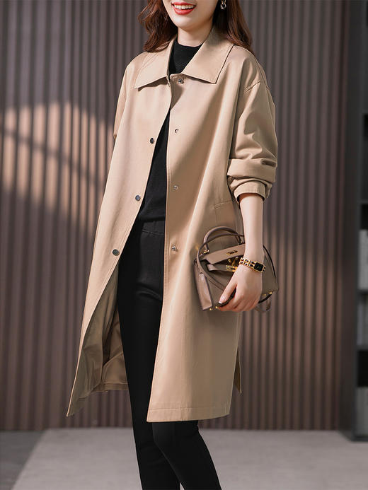 YX【定制25天】复古通勤衬衫翻领风衣女2023秋季新款韩版中长款收腰大衣外套 商品图2
