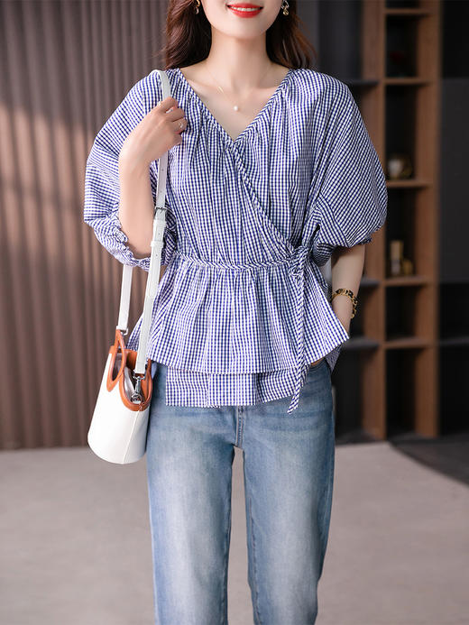 UG【定制15天】法式格子衬衫女2023夏季新款高级感洋气时尚系带收腰显瘦上衣 商品图1