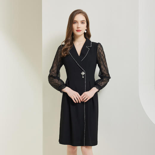 QE84C斯尔丽瑟俪2023新款小西装领镶边钻扣浪漫蕾丝袖褶裥显瘦连衣裙 商品图0