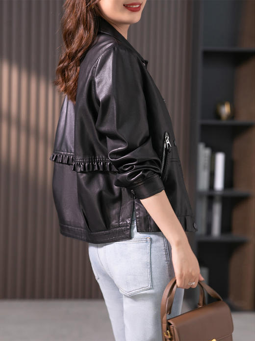 YX【现货7天】高级感百搭皮衣外套女2023秋季新款韩版休闲小个子夹克上衣 商品图4