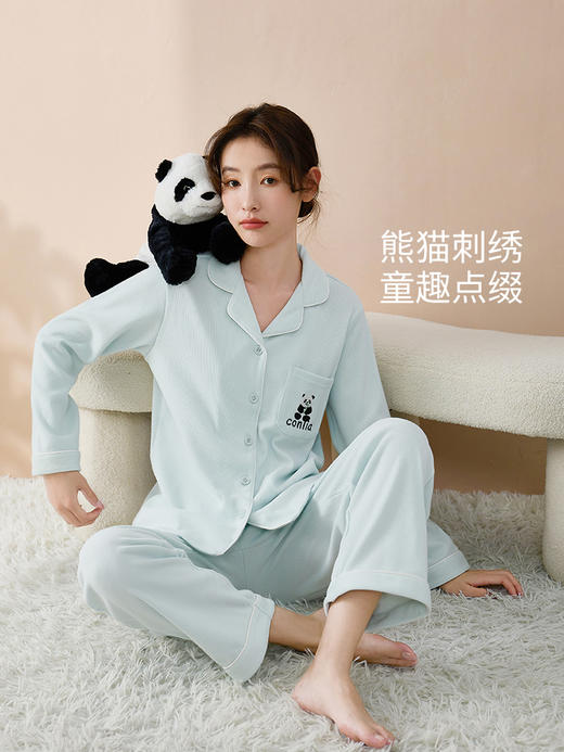 康妮雅睡衣女式长袖长裤开襟套装 商品图1