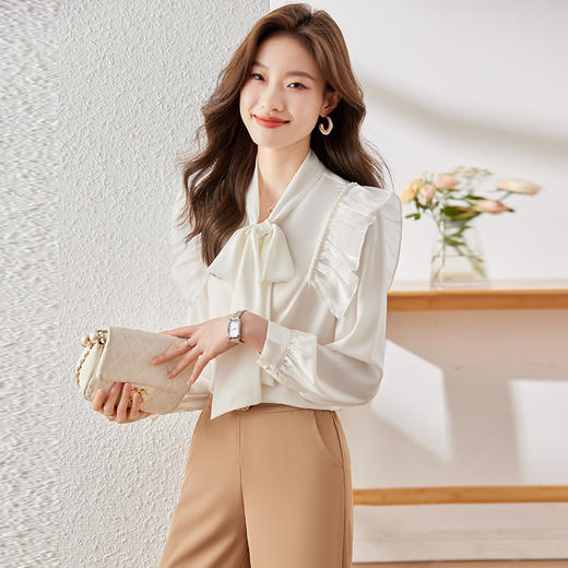 新款长袖衬衫百搭小众洋气显瘦系带时尚宽松春秋上衣春季 商品图0