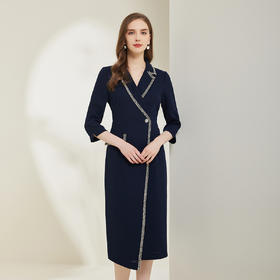 NG824斯尔丽瑟俪2023新款小香风花边撞色不对称设计西装领显瘦连衣裙