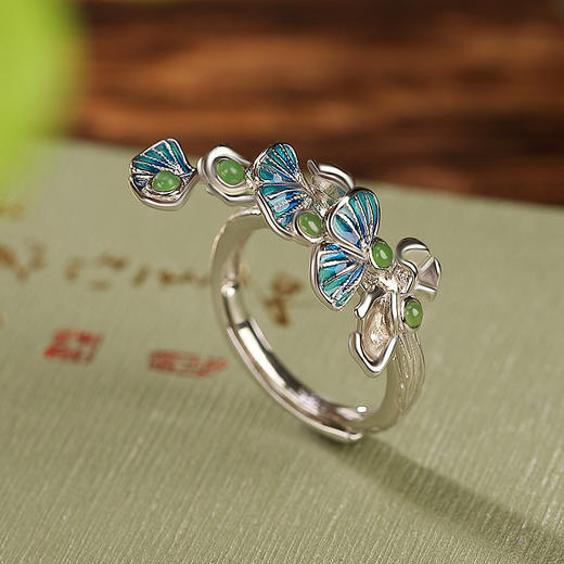 【秋舞】S925银和田玉碧玉景泰蓝银杏叶戒指【CW-JZ05963】 商品图1